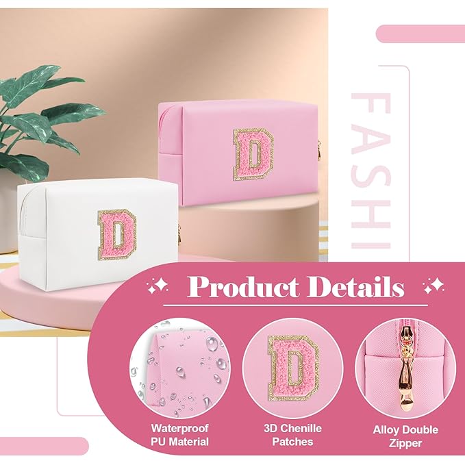 Personalized Initial A-Z Preppy Patch Makeup Bag,Small PU Leather Chenille Letter Cosmetic Bag with Zipper for Teen Girls,Pink Cute Travel Toiletry Bag,Birthday Monogrammed Gift for Daughter,Letter D