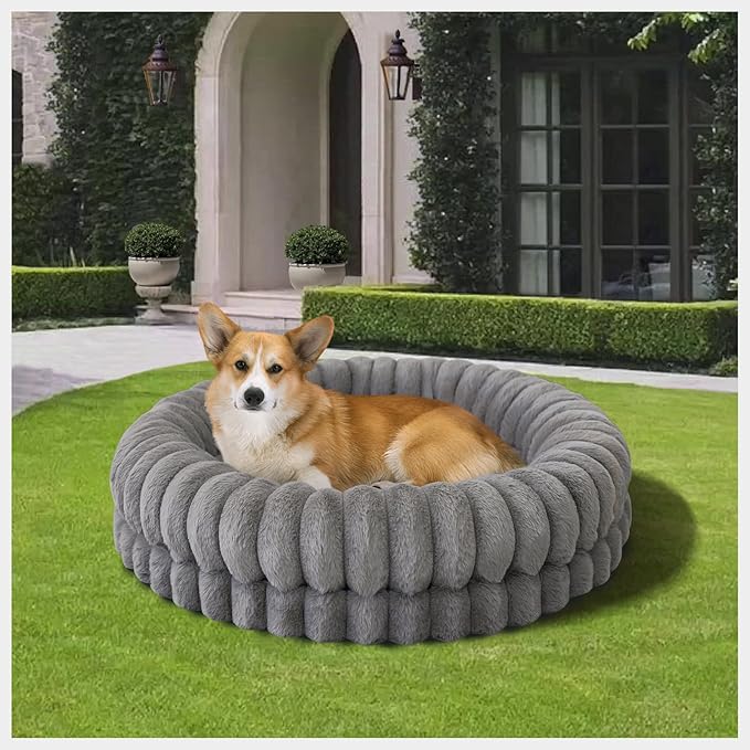 BALANCE Luxury Donut Dog Bed, 30 Inches Round Dog Bed Medium Size Dogs Washable, Orthopedic Calming Dogs Bed for Pets with Anti-Slip Bottom, Gray
