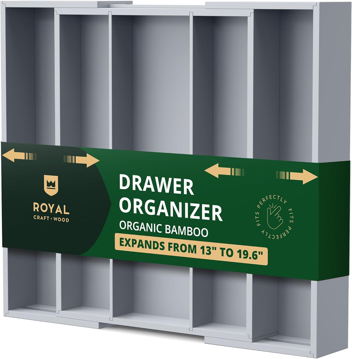 ROYAL CRAFT WOOD Luxury Bamboo Kitchen Drawer Organizer - Silverware Organizer - Utensil Holder and Cutlery Tray with Grooved Drawer Dividers for Flatware and Kitchen Utensils (5 Slot, Gray)