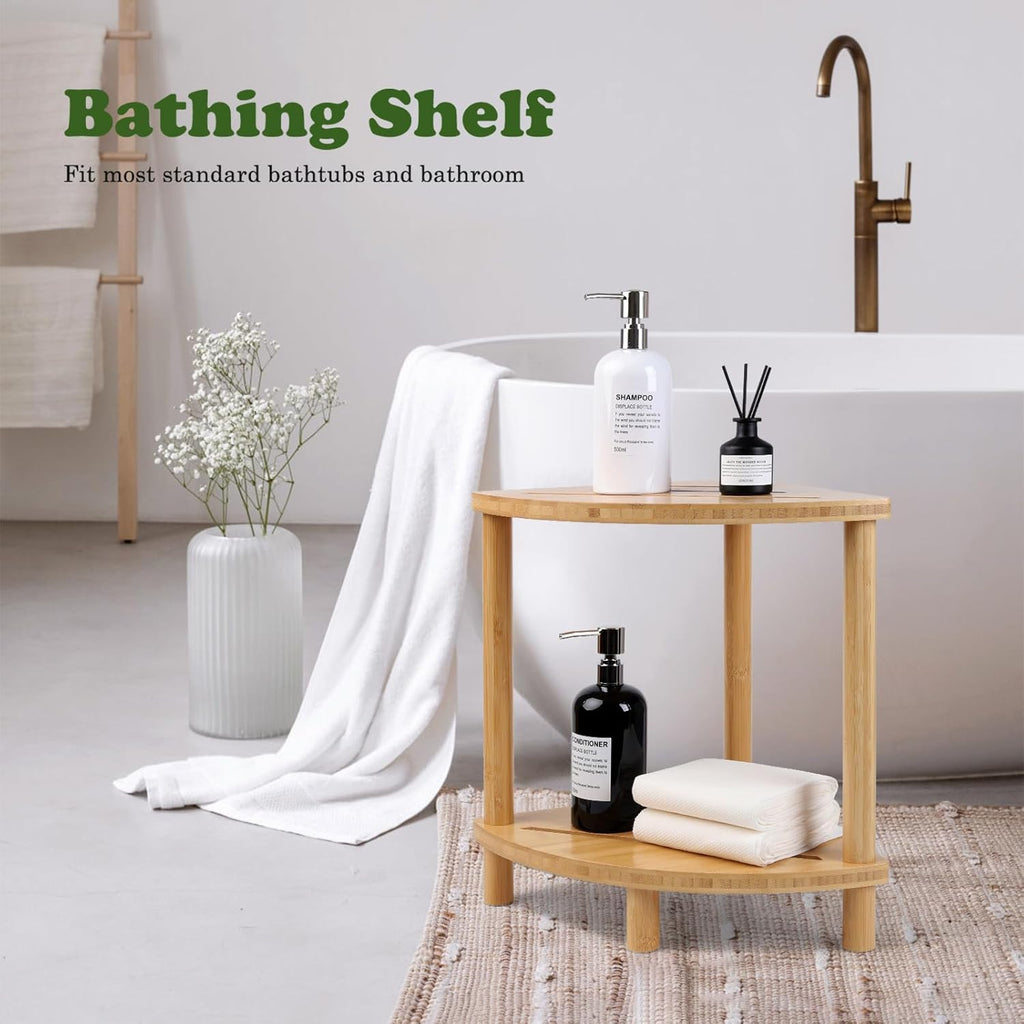 Upgraded Bamboo Corner Shower Stool for Inside Shower Waterproof,2-Tier Shower Foot Rest with Storage Shelf,Corner Shower Shelf Bench Caddy Shaving Leg,Bath Seat,Gifts for Women Mom