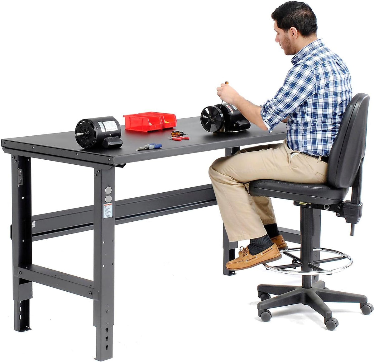 Global Industrial Adjustable Height Workbench C-Channel Leg, 60" W x 30" D, 1-3/4" 12-Gauge Steel Top with Square Edge, 2000 Lbs. Capacity, Black, Industrial Workbench