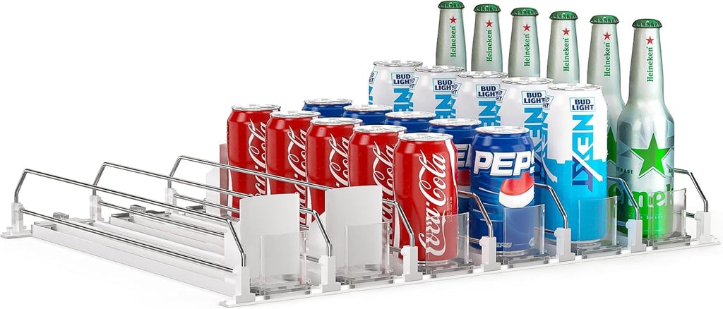 Soda Can Dispenser for Refrigerator,Self-Pushing Drink Organizer for Fridge, Width Adjustable Fridge Organization, Beer Pop Can Water Bottle Drink Dispenser for Fridge (15.1"D) White (White, 6 Row)