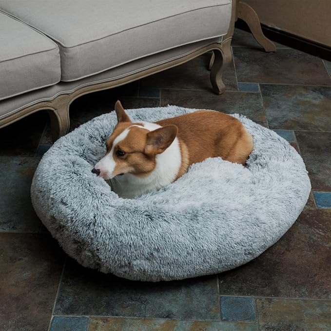 Coohom Oval Calming Donut Cuddler Dog Bed,Shag Faux Fur Cat Bed Washable Round Pillow Pet Bed(30"/36"/43") for Small Medium Dogs (L(30"x24"x7"), Grey)