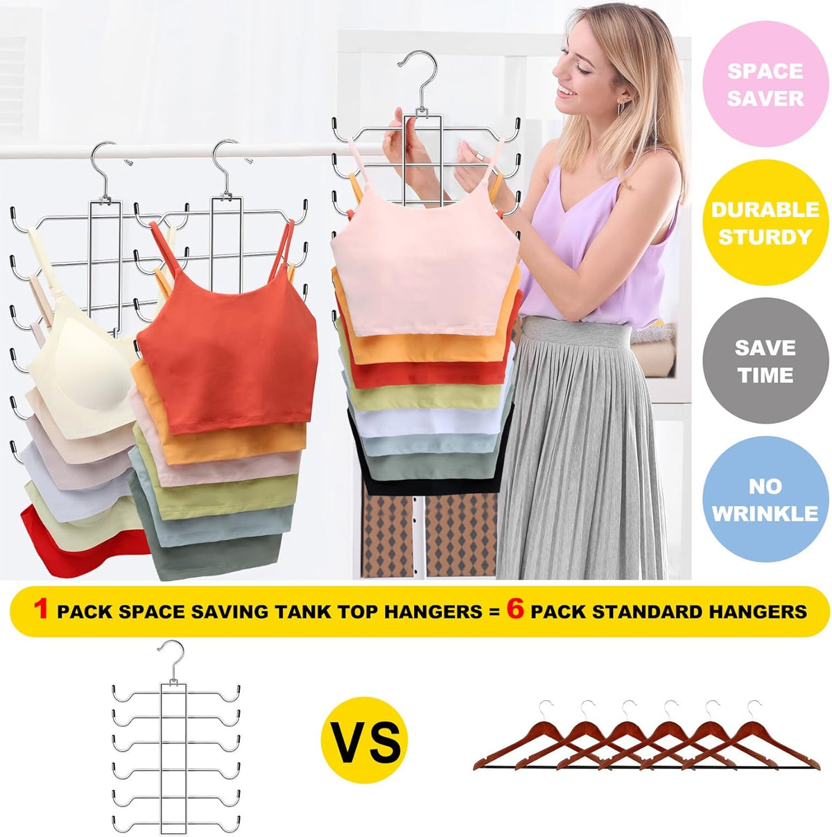1 Pack Closet-Organizers-and-Storage,6 Tier Tank-Top-Hangers-Space-Saving,Closet-Organizer,Non-Slip Hanging Sport Bras Holder,Dorm-Room-Essentials-for-College-Students-Girls Camisoles Swimsuits Dress