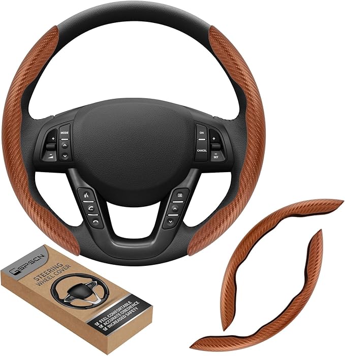 GSPSCN Universal Car Carbon Fiber Steering Wheel Cover Anti-Skid,Butterfly Steering Wheel Cover,Non-Slip Segmented Steering Wheel Protector,Fit for 99% Cars,Car Interior Accessories (Brown)