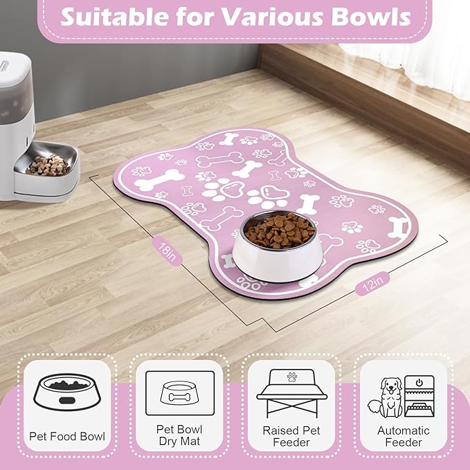 Dog Cat Mat for Food and Water,Rapid Absorbent Pet Feeding Mat, Bone Shaped Dog Placemat Bowl Mat with Rubber Backing,No Stains Pet Food Mats Indoor, Pet Accessories Supplies,Pink 12"×18"