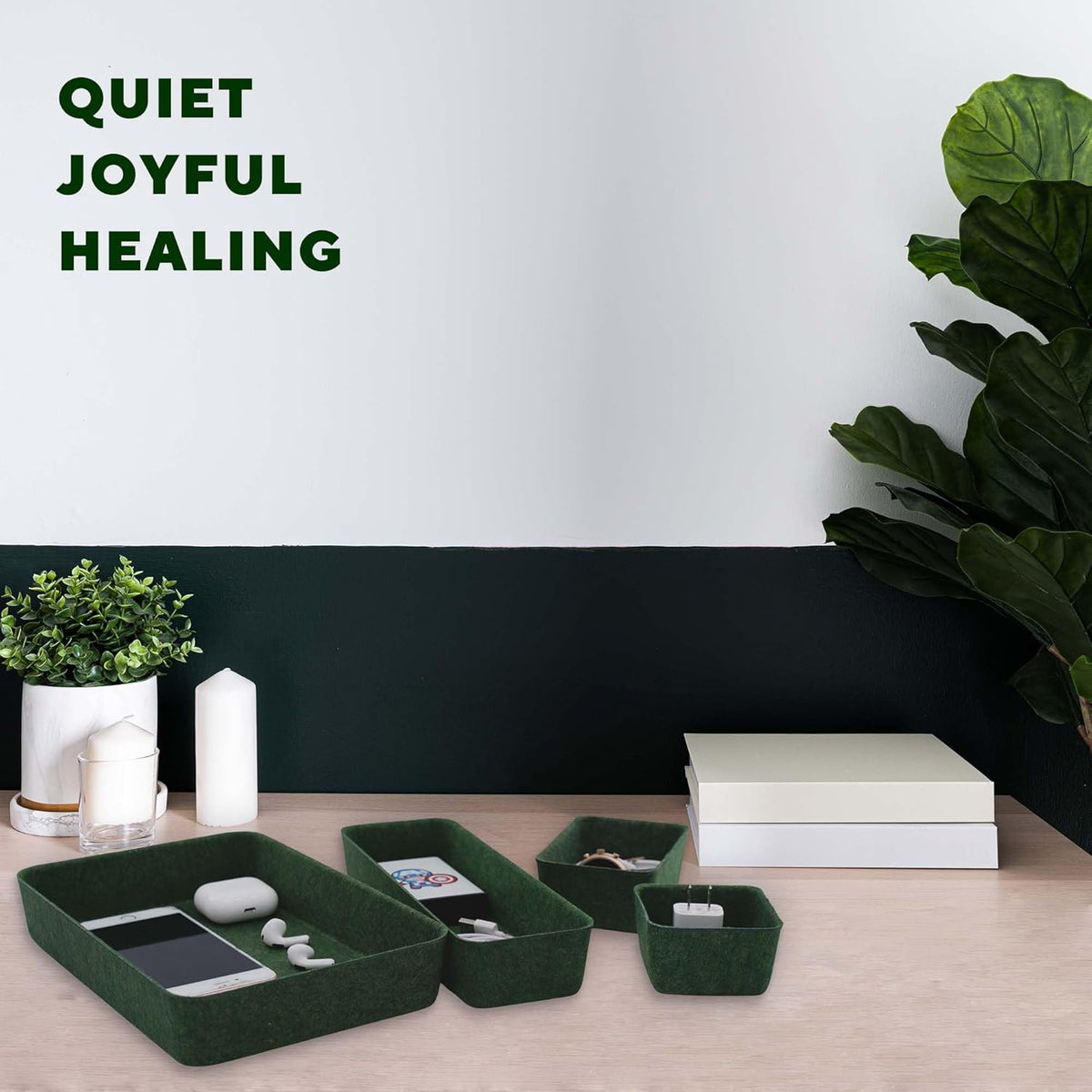 Welaxy Desk drawer organizer bins shallow trays felt storage desktop box for jewelry watches office supplies makeup small key holder minimalism 8-piece (Forest Green)