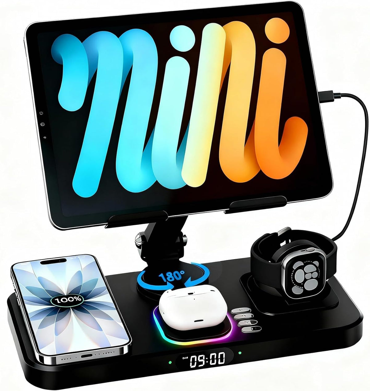 30W Charging Station for Apple Products, Foldable Wireless Charger with Clock Display&7 Color Light, Wired Charging for iPad/Tablet Charging Station for iPhone17, for Apple Watch11 for AirPods4(Black
