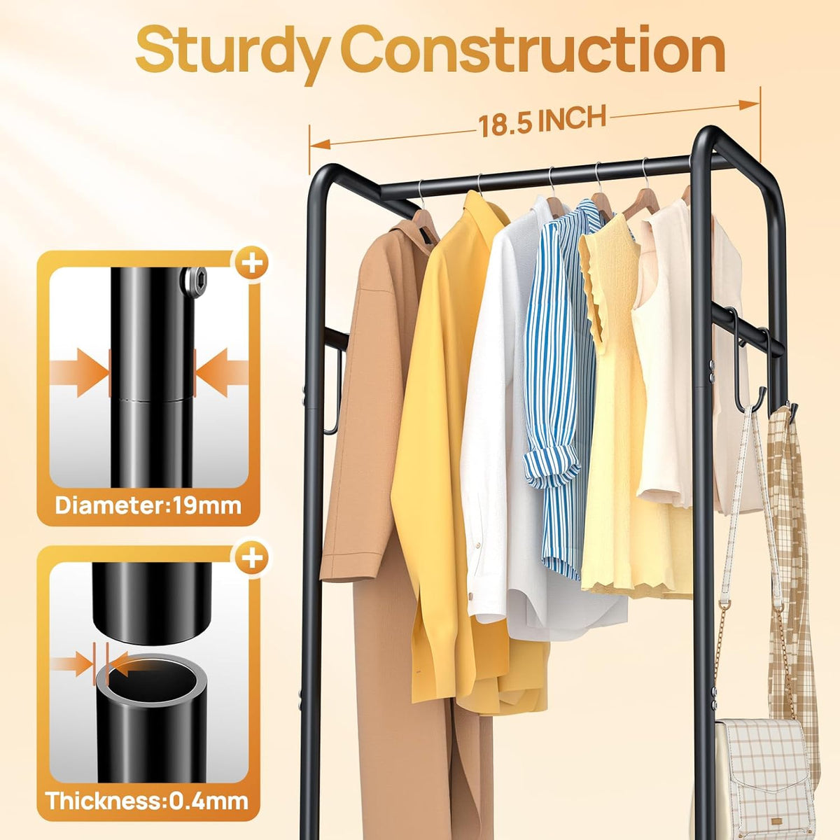 Clothes Rack with Wheels, Freestanding Garment Rack with 3 Metal Shelves for Hanging Clothes, Portable Hanging Rod for Small Room, Bedroom, Bathroom (Black)