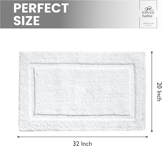 voyzz home Set of 2, Cotton Bathroom Bath Mat Rug White, 20" x32 INCH, Extra Soft, Non-Slip, Super Water Absorbent and Machine Washable for Bathroom, Floor, Tub & Shower