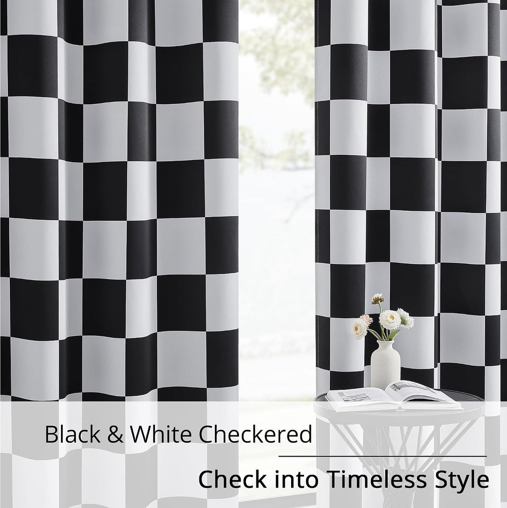 100% Blackout Curtains – Black and White Checkered Race Flag Pattern, 2 Panels, Each W52×L84, Thermal Insulated, Nosie Reducing for Bedroom, Living Room, Race car Drapes