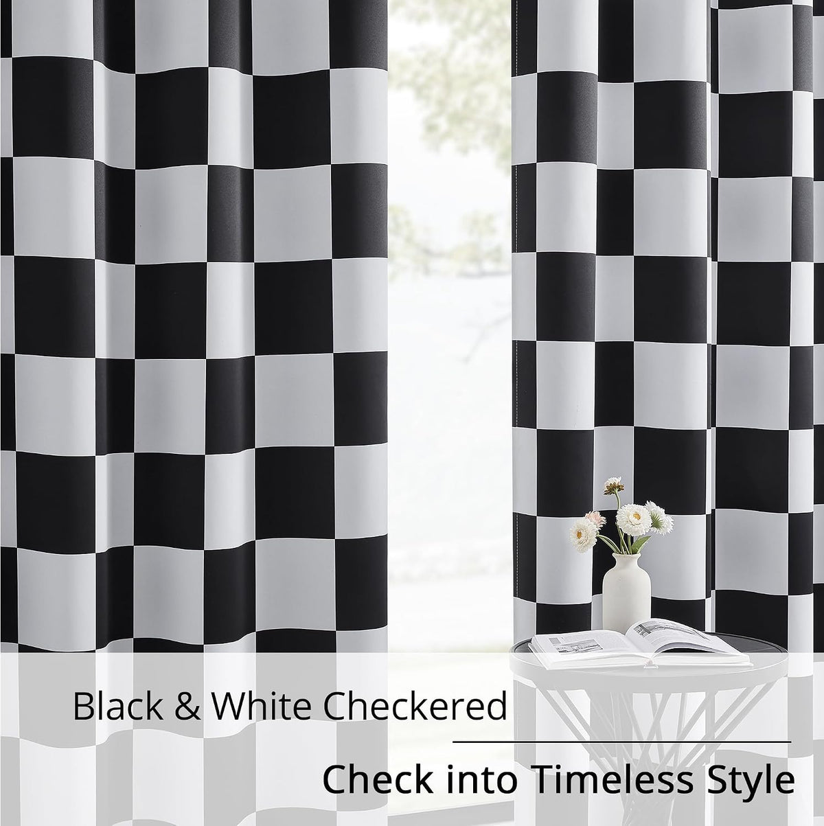 100% Blackout Curtains – Black and White Checkered Race Flag Pattern, 2 Panels, Each W52×L84, Thermal Insulated, Nosie Reducing for Bedroom, Living Room, Race car Drapes