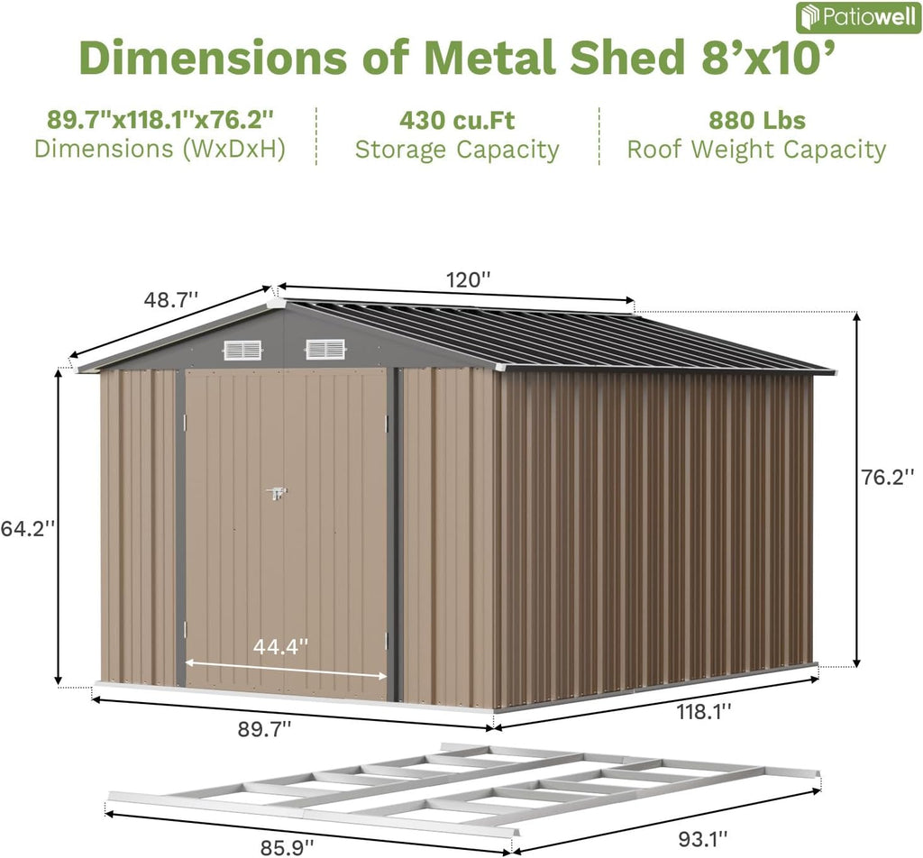 Patiowell 8x10 FT Outdoor Storage Shed with Floor Frame, Large Garden Tool Metal Shed with Sloping Roof and Double Lockable Door, Outdoor Shed for Backyard Garden Patio Lawn,Brown