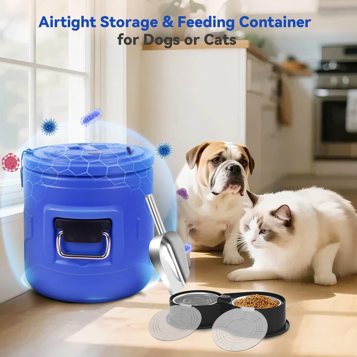 15lb Dog Food Storage Container, Stainless Steel Airtight Pet Food Storage Container and Durable Plastic Food Container, Large Metal Cat Food Container with Lid and Scoop to Keep Fresh