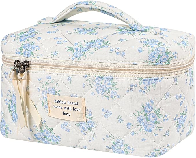 uekeboag Large Travel Quilted Makeup Bag for Women, Floral Cotton Cosmetic Bag, Coquette Aesthetic Floral Toiletry Organizer Bag