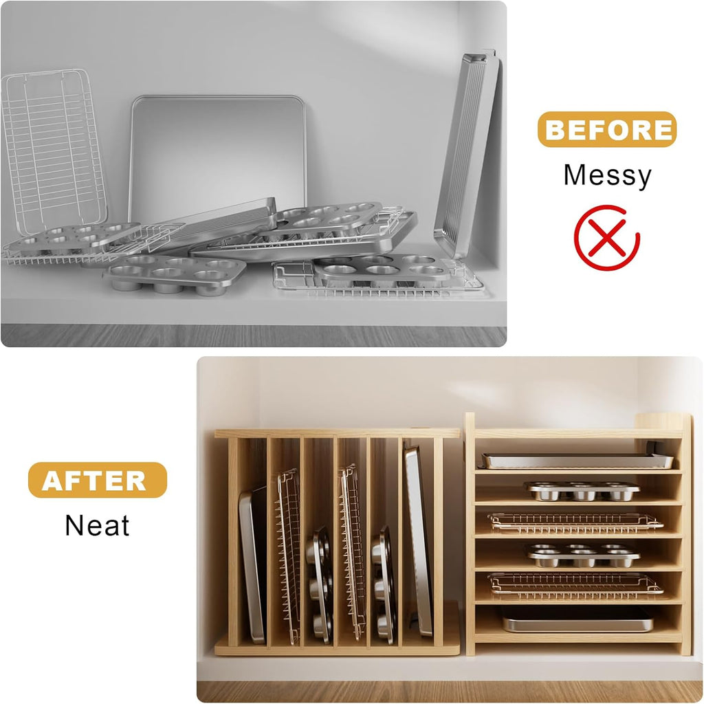 7 Tier Wooden Tray Dividers for Cabinets Cookie Sheet Organizer for Pot, Pans, Baking Tray Organizer for Kitchen Documents Storage(14" W x 16.5" H x 15.2" D)
