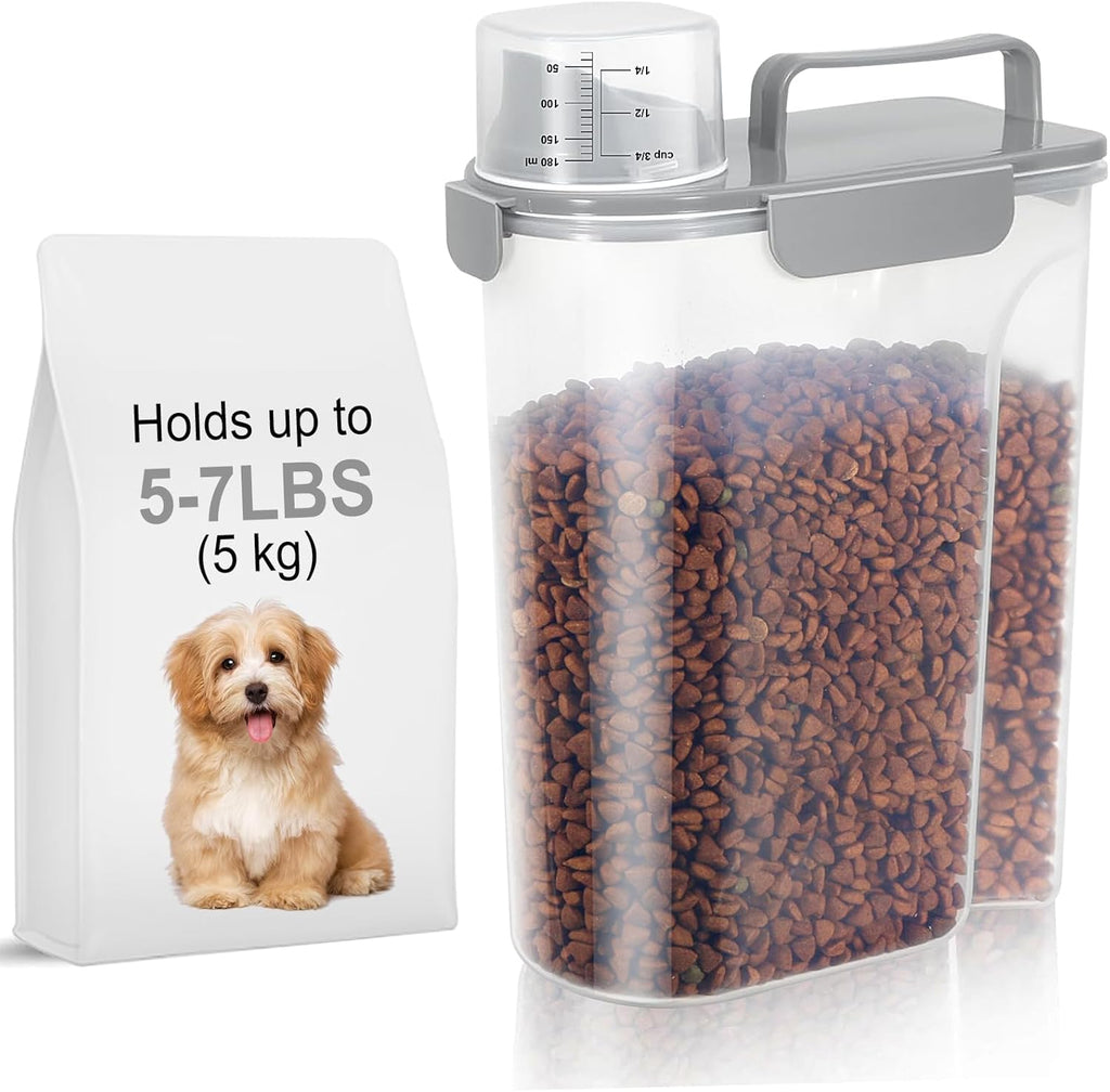5-7Lbs Dog Cat Food Storage Container with Upgraded Large Nozzle BPA-free, 4 Snap Seals Plastic Pet Food Storage Containers with Handles (Light Gray, 5L-1pack)