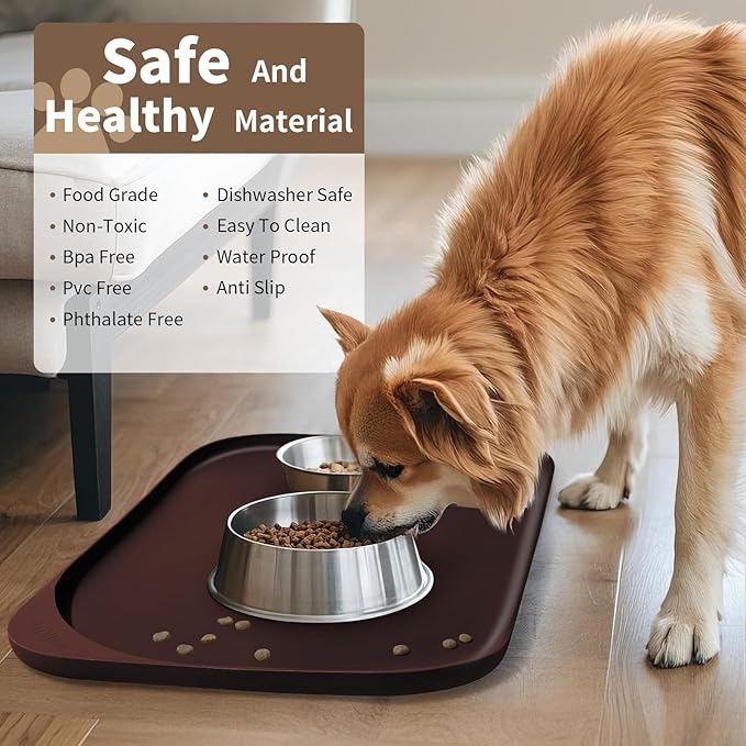 Smilool Silicone Pet Food Mat with Raised Edge for Food and Water Bowl, Dog Feeding Mats, Cat Food Trays for Floor Waterproof, Rubber Tray for Dogs and Cats, 22 x 14 x 0.8 Dark Brown