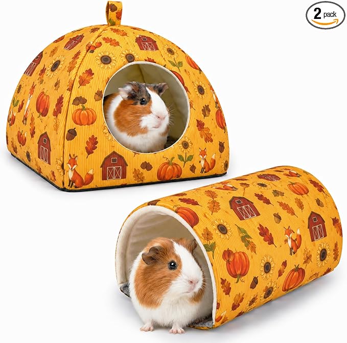 Guinea Pig Hideout Tunnel Set, 2 Pack Washable Small Animal Bed with Removable Cushion, Hamster Hideout Play Tunnel Toys for Guinea Pigs, Hamsters, Hedgehogs, Ferrets, Orange Pumpkin