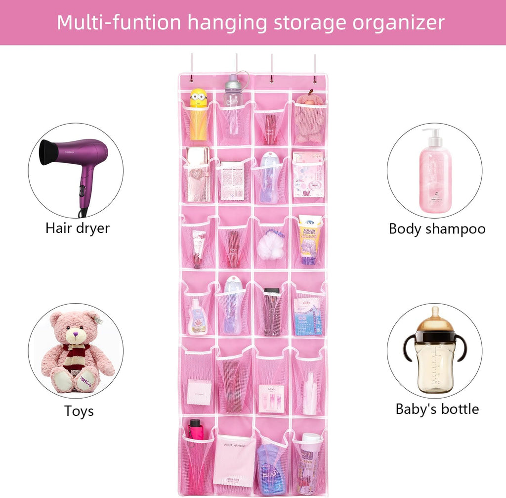Hanging Shoe Organizer, Over The Door Shoe Organizer with 24 Breathable Mesh Pockets for Men Women Kids Hanging Shoe Storage Rack Organizer Size:58x21 Inch（Pink）