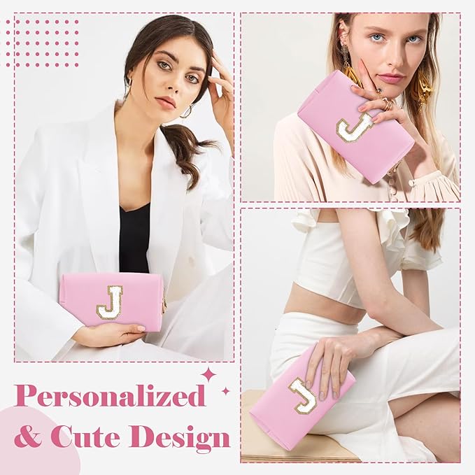 Personalized Initial A-Z Preppy Patch Makeup Bag,Small PU Chenille Letter Cosmetic Bag with Zipper for Teen Girls,Pink Cute Toiletry Organizer Bag,Monogram Makeup Case Gift for Women Girls,Letter J