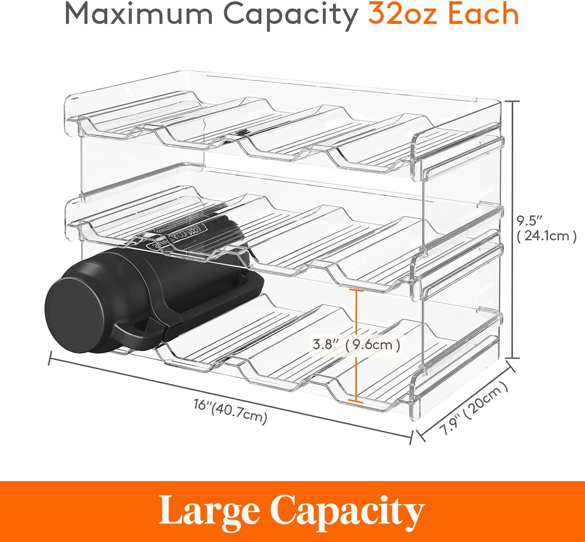 Lifewit Stackable Water Bottle Organizer for Cabinet, Plastic Bottle Holder Fits Bottles & Tumblers up to 3.8" Diameter, Pantry, Countertop & Fridge, 3 Tier Holds 12 Bottles