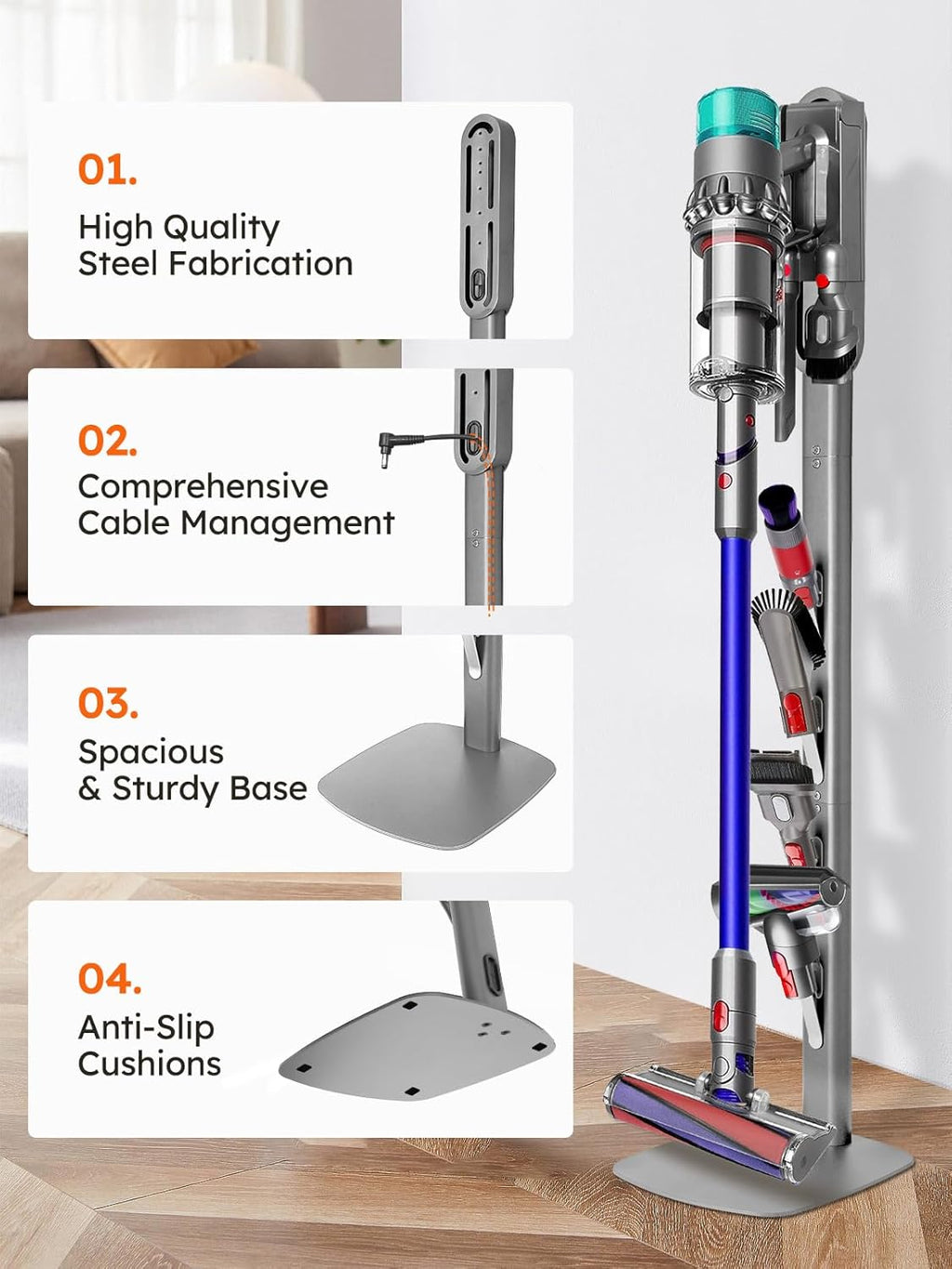 Vacuum Stand Compatible with Dyson Gen5 V15 V12 V11 V10 V8 V7 V6, Heavy Base Metal Vacuums Attachment Holder with 4 Hooks, Hidden Cord Management & Storage Bracket for Dyson Cordless Vacuums