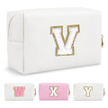 Small Personalized Initial A-Z Preppy Patch Makeup Bag,White PU Chenille Letter Travel Cosmetic Pouch with Zipper,Cute Toiletry Bag,Gift Ideal for Teen Girls Women Teacher Bridesmaid,Letter V