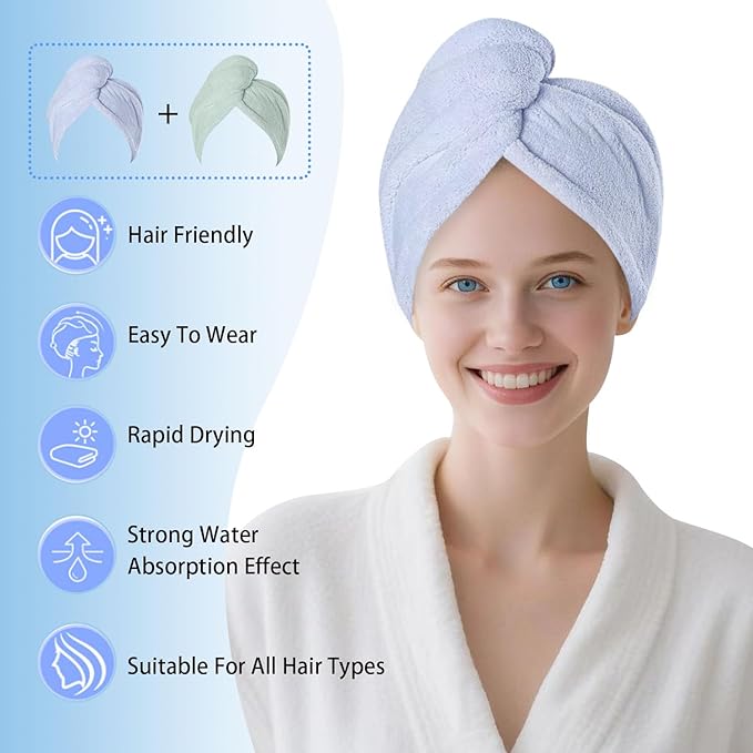AGKXHDEC 2 Packs Single Layer Microfiber Hair Turbans - Drying Wrap for Women (Blue,Light Green)