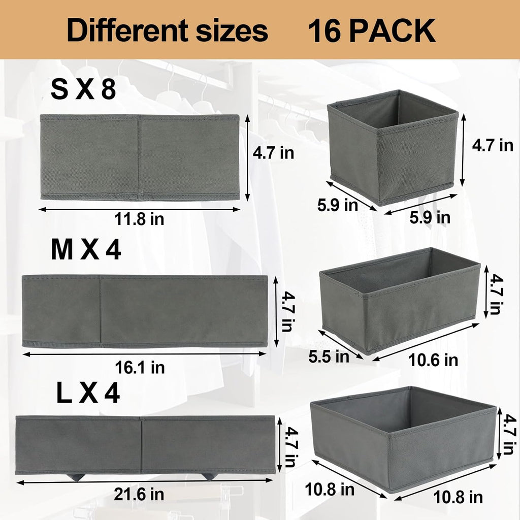 16 Pcs Drawer Organizer,Fabric Closet Organizer and Storage Baskets,Foldable Drawer Divider for Clothing,Sock,Ties,Underwear Drawer Organizers,Cabinet Storage Boxes (Gray)