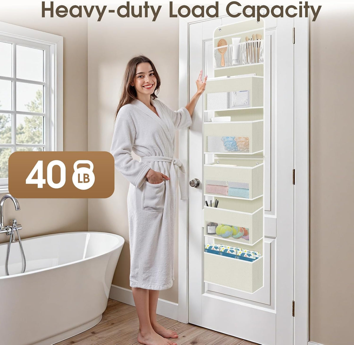 6-Tier Over The Door Organizer, Hanging Storage Organizer with Clear Window, 40lb Ultra Sturdy Large Capacity Room Organizer for Pantry Bathroom Nursery Closet Baby Essential (Beige)