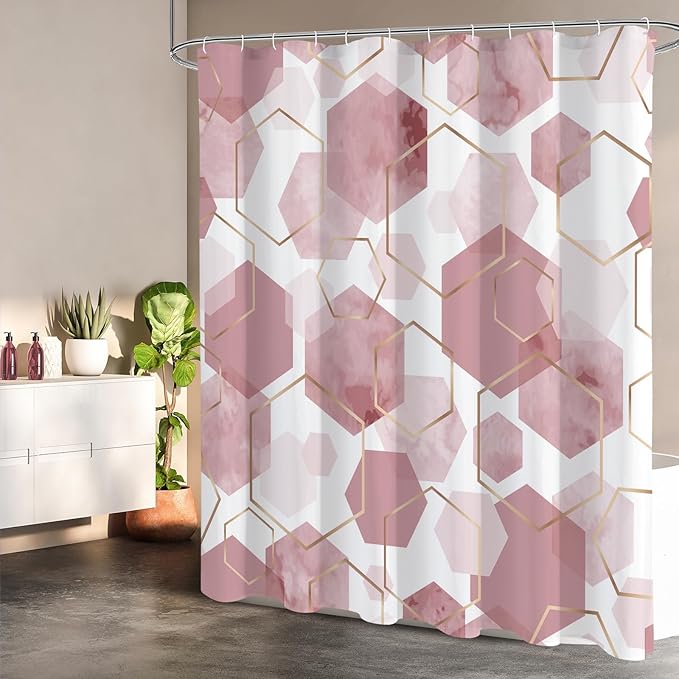 Litabel Modern Small Stall Shower Curtain for Bathroom, Pink Geometric Art Decor Waterproof Bath Curtain, Abstract Fabric Shower Curtain Sets for Home Decor, 36" W x 72" L Inch
