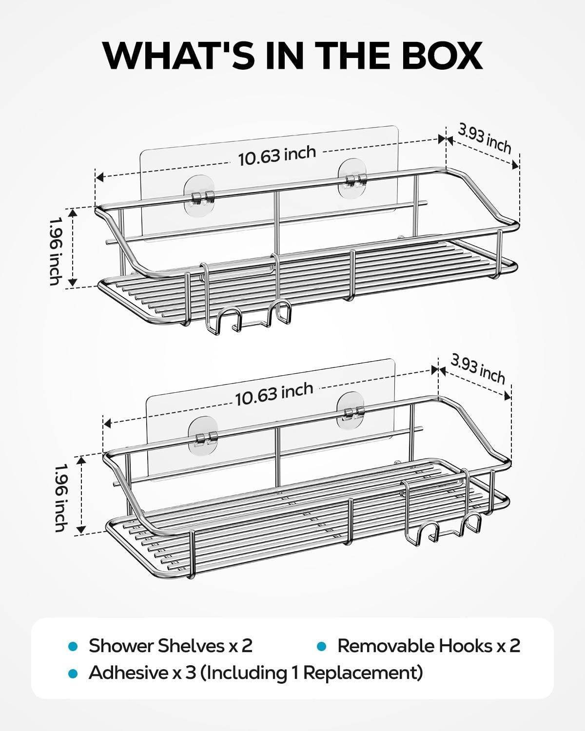 Nieifi Shower Caddy Shelf Storage Rack Adhesive Without Drilling Stainless Steel with Hooks for Washroom, Lavatory, Restroom, Toilet, Bathroom, Kitchen - 2 Pack