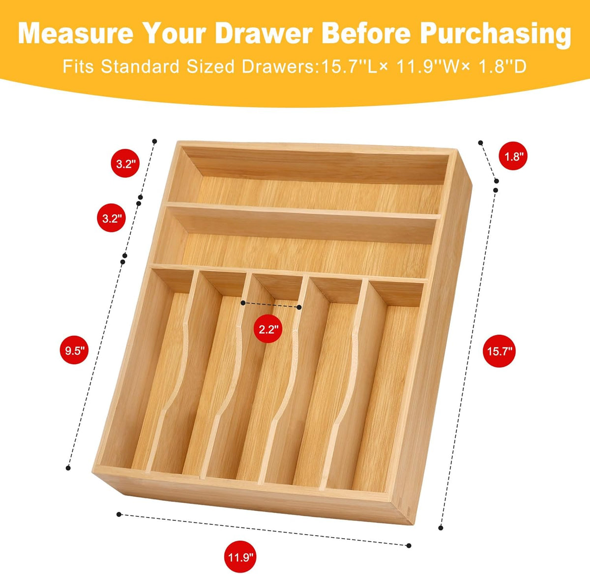 Kitchen Bamboo Silverware Organizer, Kitchen Drawer Organizer - Utensil Holder and Cutlery Tray with Grooved Drawer Dividers for Flatware 7 Slot, Natural
