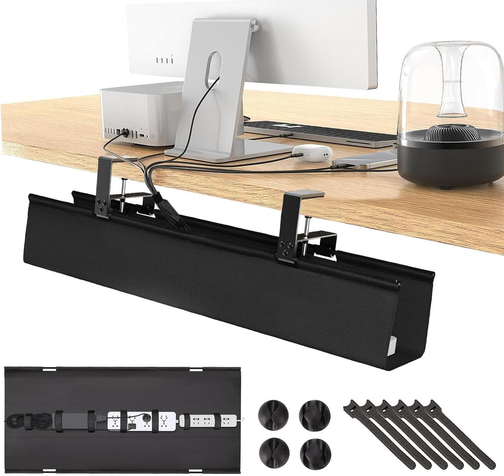 No Drill Under Desk Cable Management Tray, 28" Fabric Cord Hider for Wire Organizer, Clamp/Screw Mount Desk Cable Management, Cable Raceways Tray Cord Hiders for Office/Home