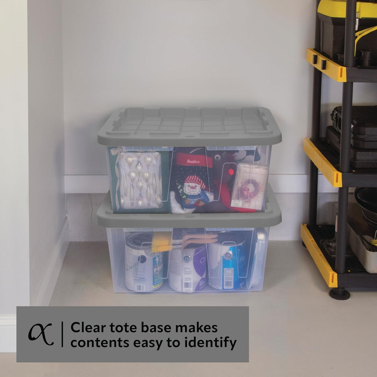 CX BLACK & YELLOW, 27-Gallon Heavy Duty Clear Storage Container & Snap-Tight Lid, Clear & Grey (14.3H x 20.6W x 30.6D), Weather-Resistant, Stackable, See-Through Organization Tote [2 Pack]