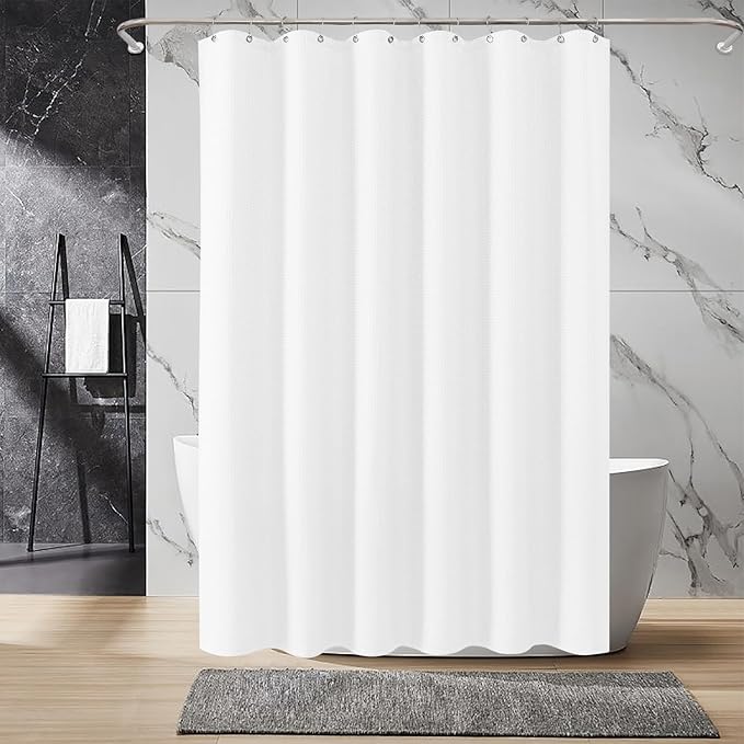 Inhousolu Fabric Shower Curtain Waffle Weave, 230 GSM Heavy Duty, Weighted Hem, 14 Metal Hooks, Water Repellent, Machine Washable, Hotel Spa Luxury Bath Curtain Set, 72 x 84 Inch, White