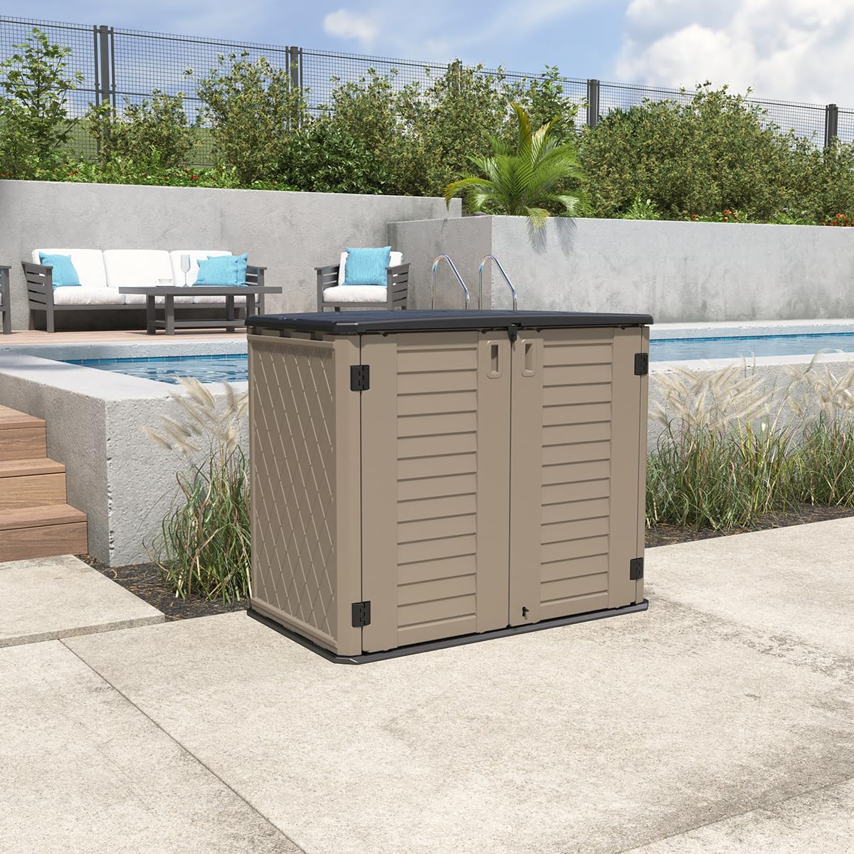 KINYING Outdoor Storage Shed - Horizontal Storage Cabinet Waterproof for Garden, Patio, Backyard, Storage Box for Easy Storage of Garbage Cans, Tools, Lawn Mower, 26 Cubic Feet,Dark Brown