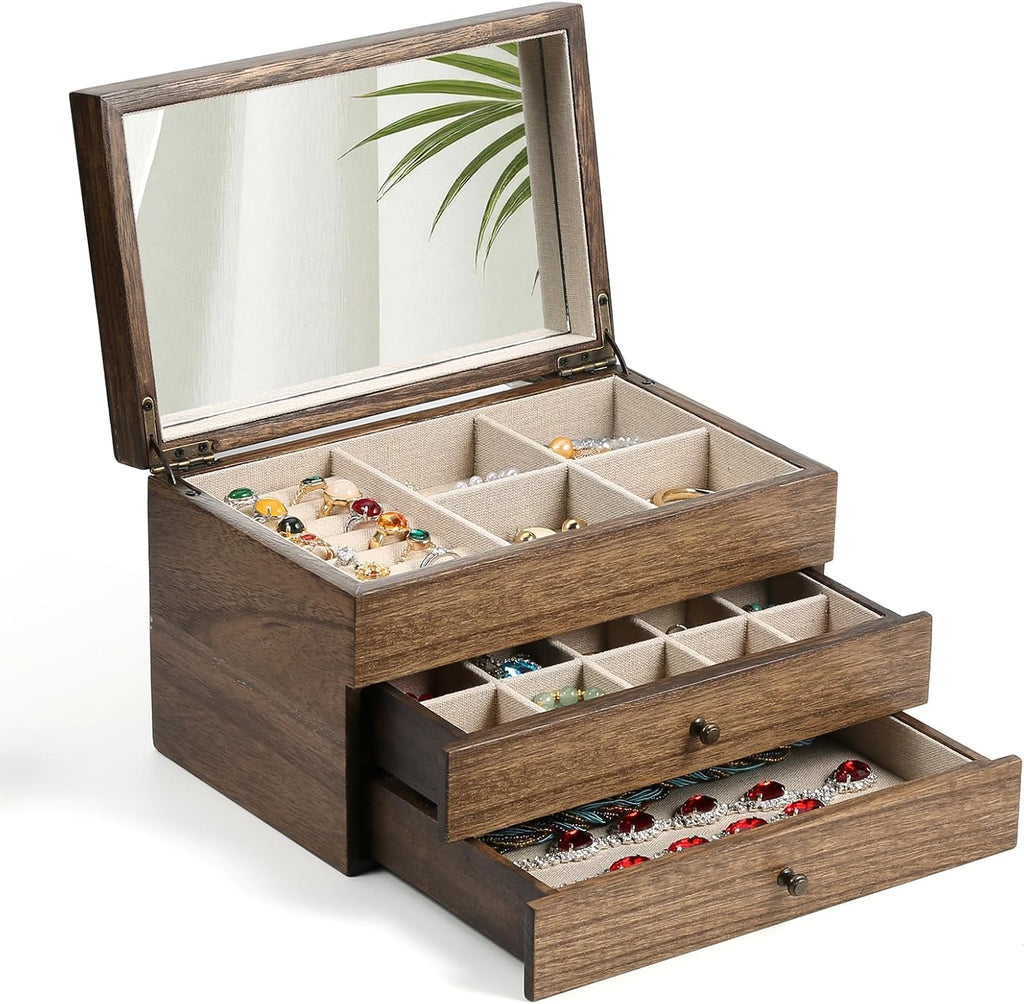 Meangood Jewelry Box Organizer for Women, 3 Layer Large Jewelry Storage Case, Rustic Wooden Jewelry Box with Mirror & Ring Tray for Necklace Earring Bracelets Rings, Vintage Style (Walnut)
