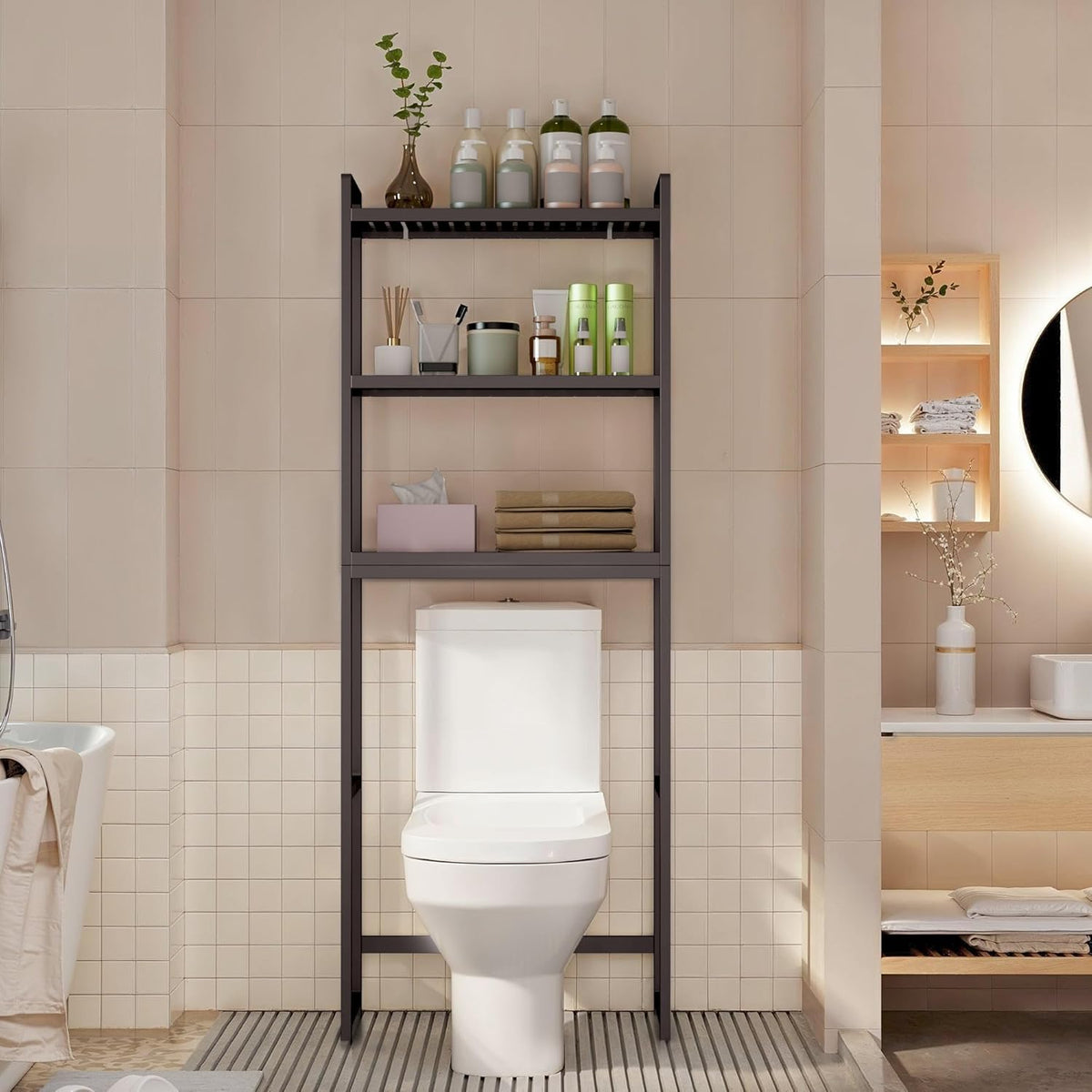 Gizoon Over The Toilet Storage, 3 Tier Bamboo Bathroom Organizer with Adjustable Shelf, Freestanding Above Toilet Stand, Bathroom Storage Shelf Rack