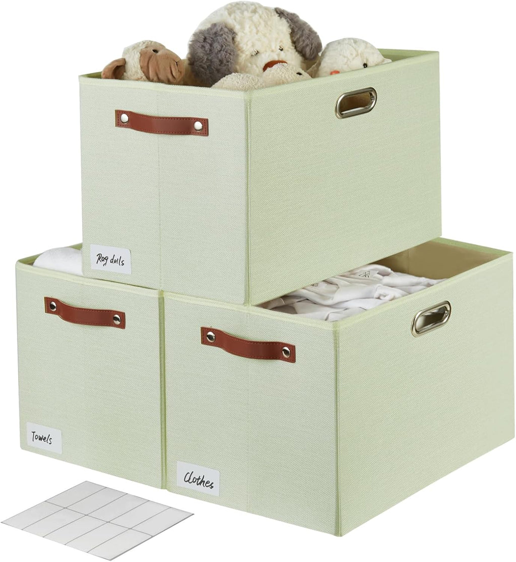 3-Pack Foldable Fabric Storage Bins with Durable PU & Metal Handles, Collapsible Storage Baskets for Shelves, Home Storage, Closet Organizers, Living Room(17"x11.8"x11.8", Sage Green)