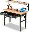 Workbench with Shelf Bracket 48 Inch Adjustable Height Work Bench for Garage Heavy Duty Rubberwood Tabletop Work Table with Drawer, Power Outlets for Woodworking, Home, Office, Workshop