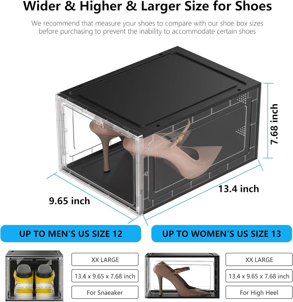 10 Pack Hard Sturdy Thickened Rigid XX Large Shoe Storage Organizer for Closet, Clear Stackable Sneaker Shoe Boxes Rack Containers Display Case Bins with Lids, Black Clear02