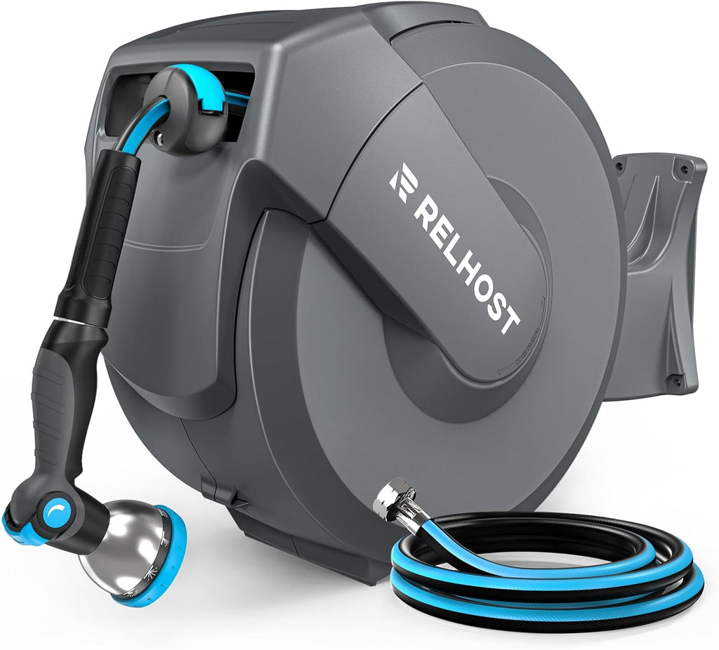 Retractable Garden Hose Reel 120 ft x 1/2 in, Heavy Duty Hose Reel Wall Mount with Any Length Lock, Slow Return System, 180° Swivel Bracket, 10-Pattern Garden Hose Nozzle, Dark Grey