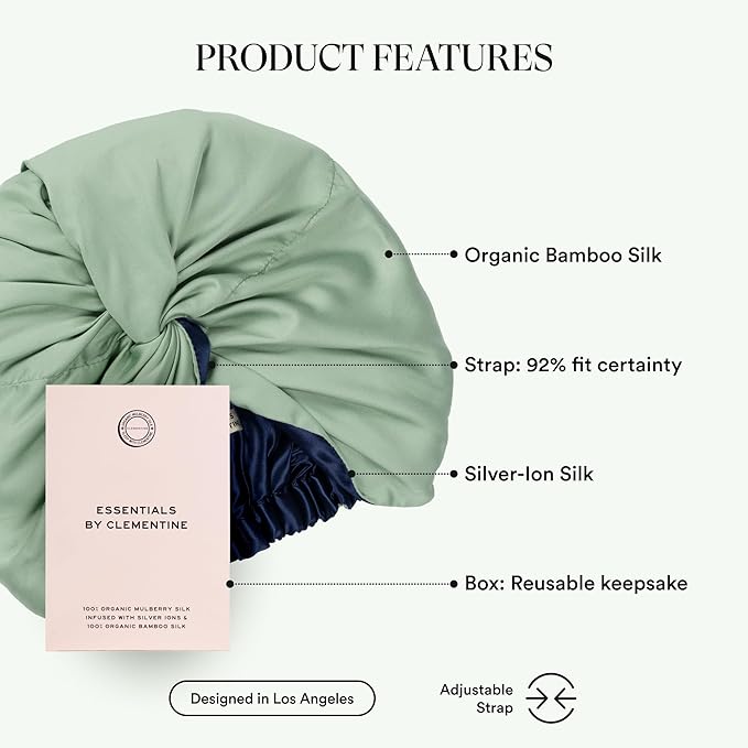 Essentials by Clementine Organic Hair Bonnet in Match Point Green | Silver Ion Silk Lined Bamboo Sleep Cap for Frizz-Free, Curly Hair, and Scalp Health