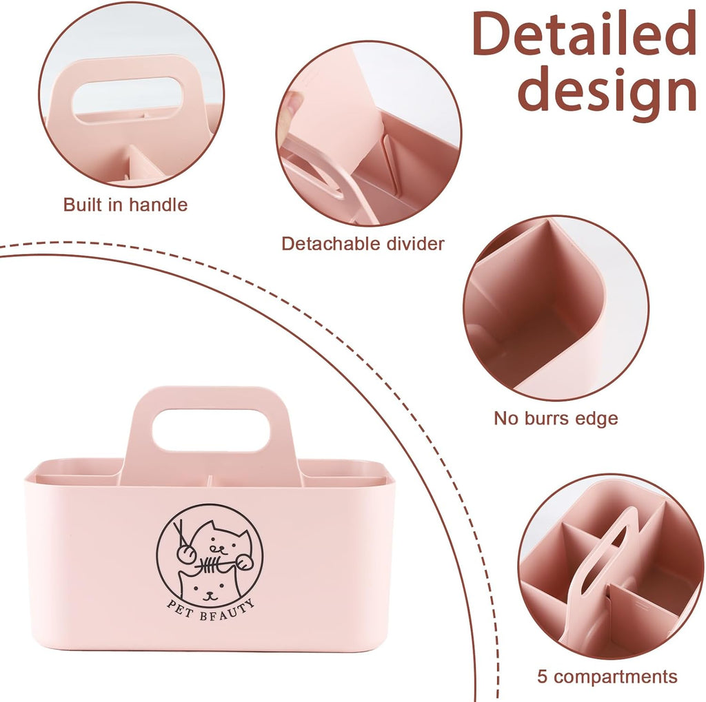 5-Compartment Pink Dog Stuff Storage Caddy for Grooming Supplies, Portable Organizer with Handle