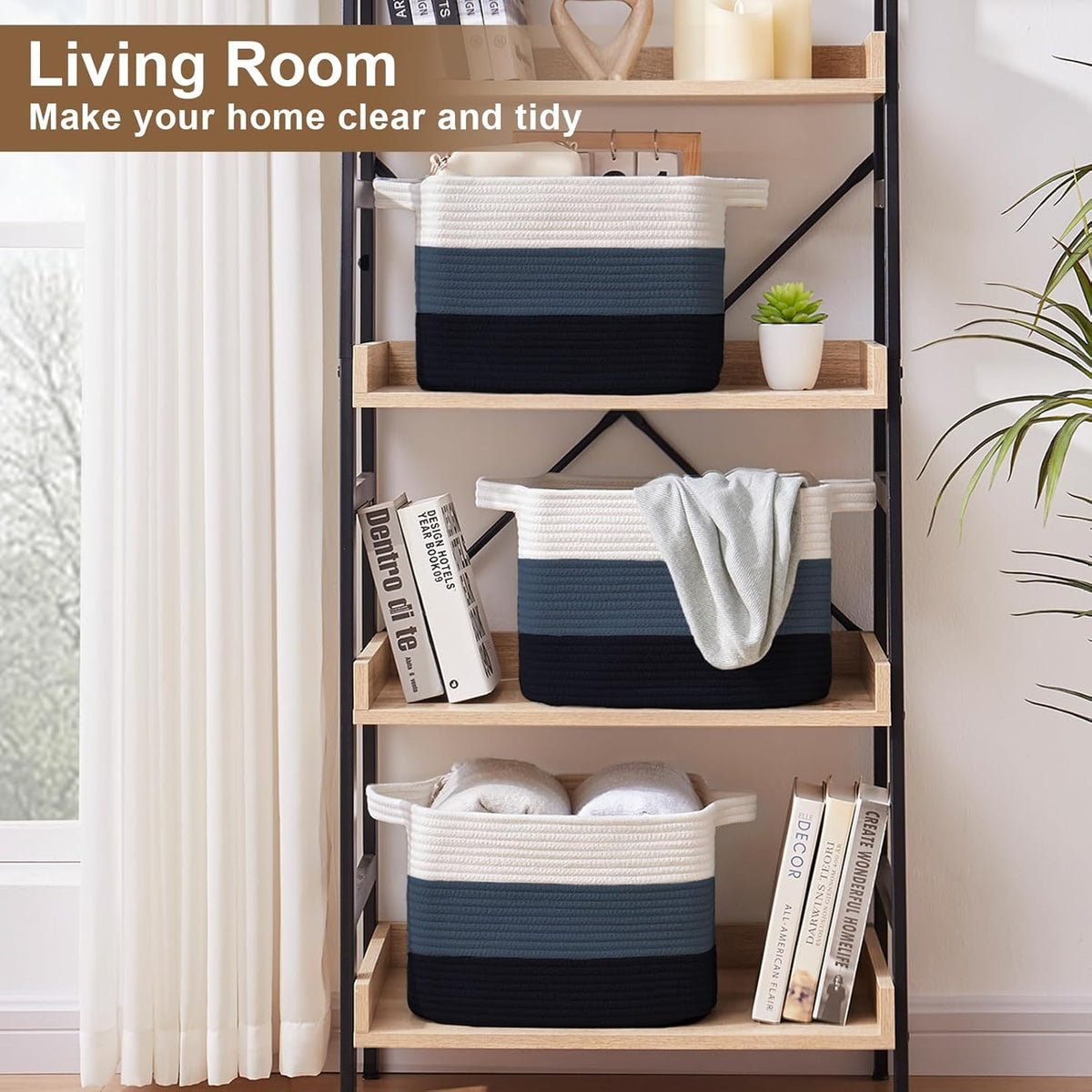 Storage Basket for Organizing, Woven Baskets for Storage, Rectangle Decorative Baskets for Shleves, Closet, Toys, Books, Nursery Organizer Bins - Pack of 3 (Gradient Blue, 13"x9.85"x8.7")