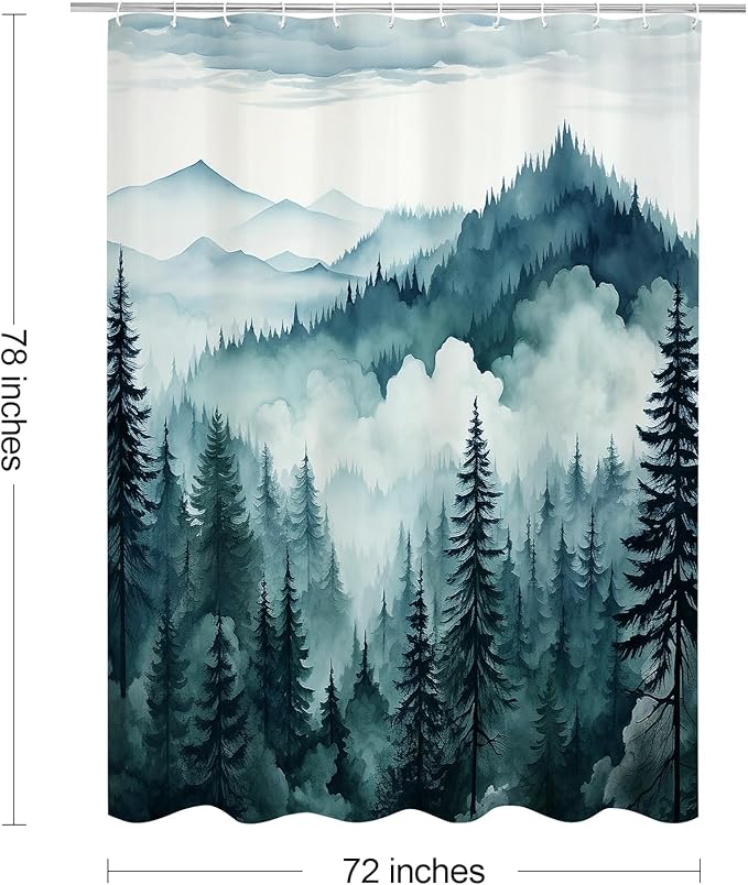 Litabel Peacock Blue Long Misty Pine Forest Shower Curtain 72 x 78, Mountain Foggy Woodland Scenery Tree 78 Inch Long Shower Curtains for Bathroom, Abstract Waterproof Nature-Themed Decor