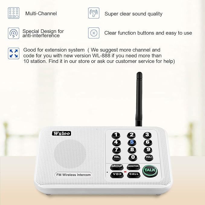 Wuloo Intercoms Wireless for Home 5280 Feet Range 10 Channel 3 Code, Wireless