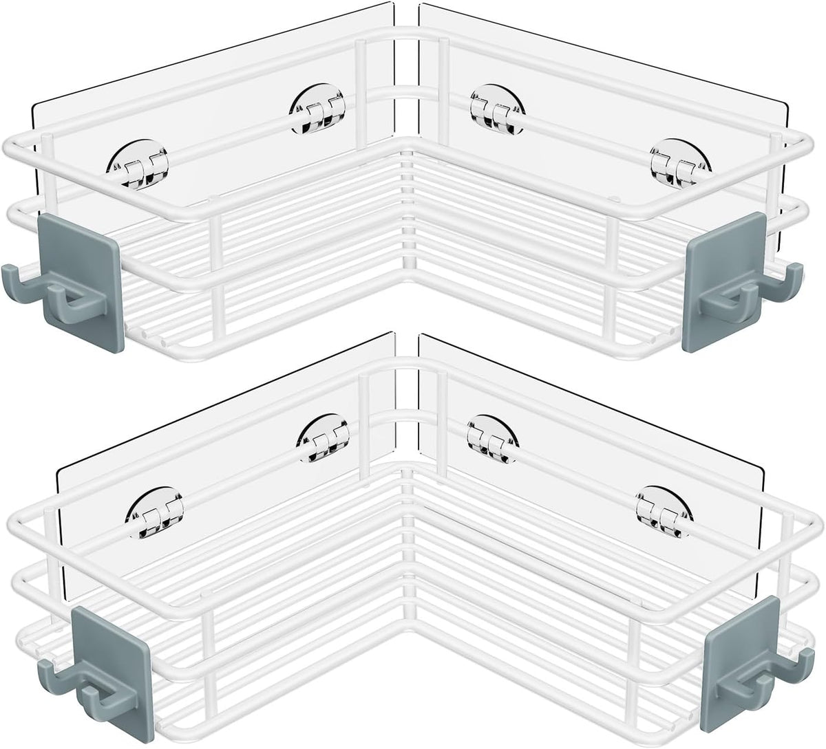 Nieifi Adhesive Corner Shower Caddy Shelf Basket Rack with Hooks, Rust Proof Stainless Steel Bathroom Shelf Shampoo Holder No Drilling (White)